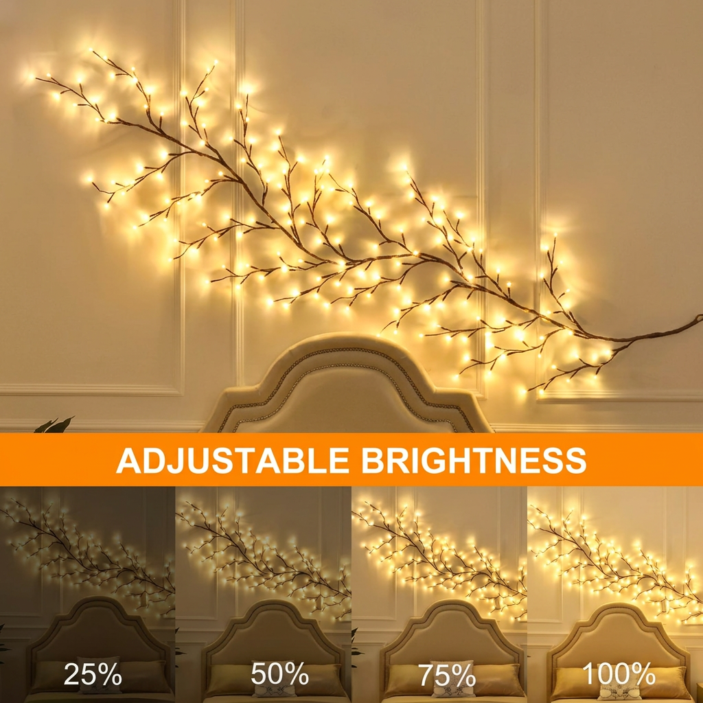 Willow vine fairy lights with adjustable brightness levels from dim to full