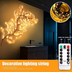 Decorative willow vine fairy lights glowing on a dark wall with remote control