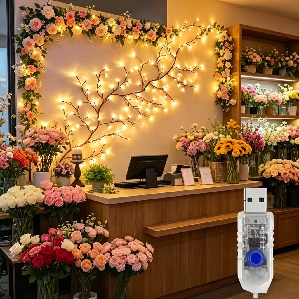 USB willow vine fairy lights decorating a flower shop counter