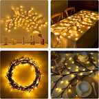 Vine fairy lights on a wall, dining table, as a wreath and table centrepiece