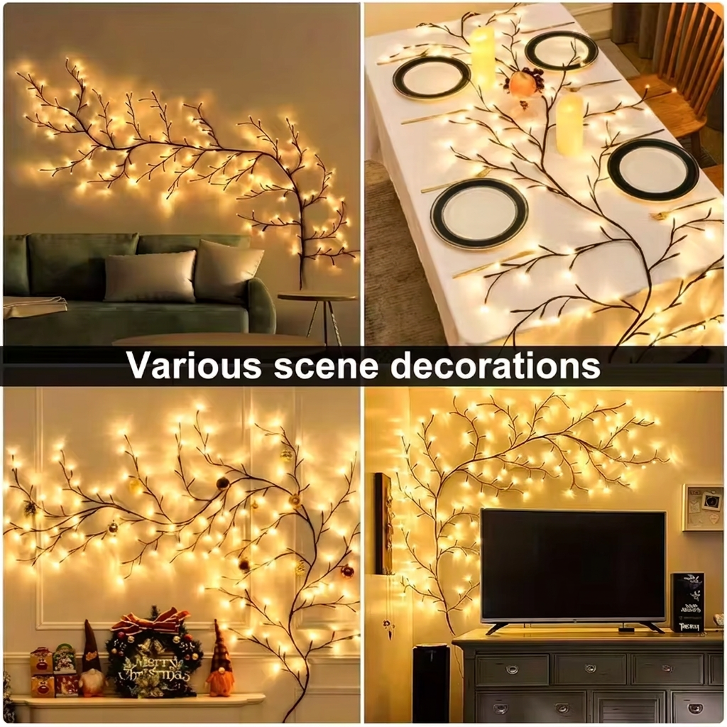 Willow vine fairy lights in four room scenes for home decoration