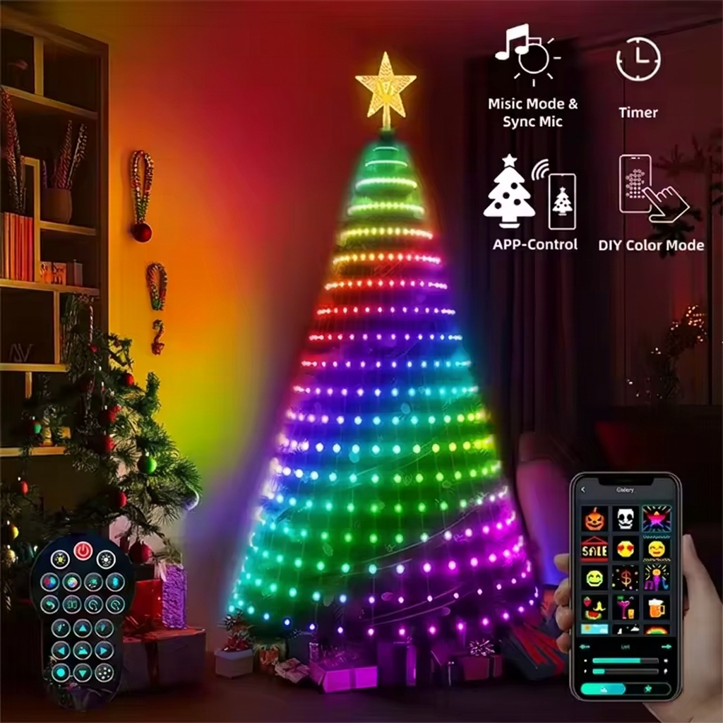 Rainbow RGB Christmas tree lights with glowing star topper
