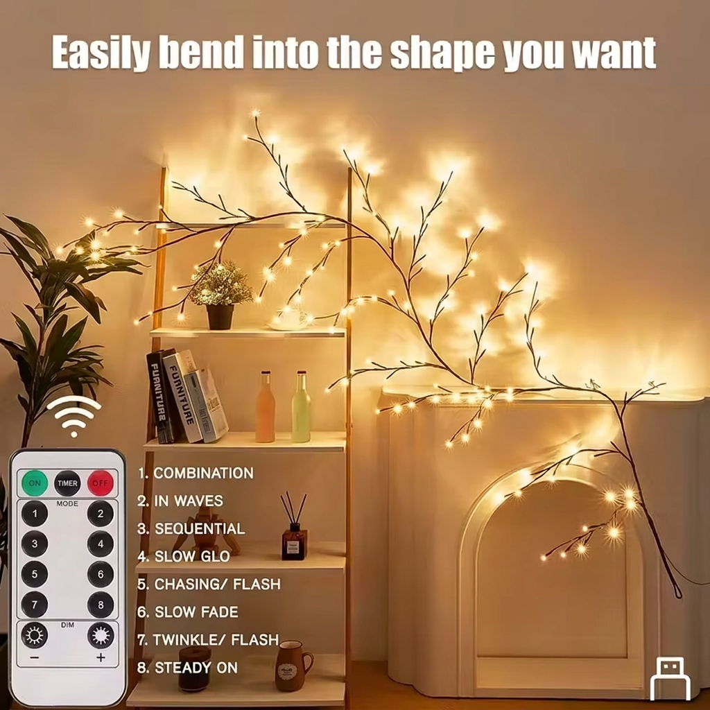 Bendable willow vine lights over shelves with remote showing 8 lighting modes