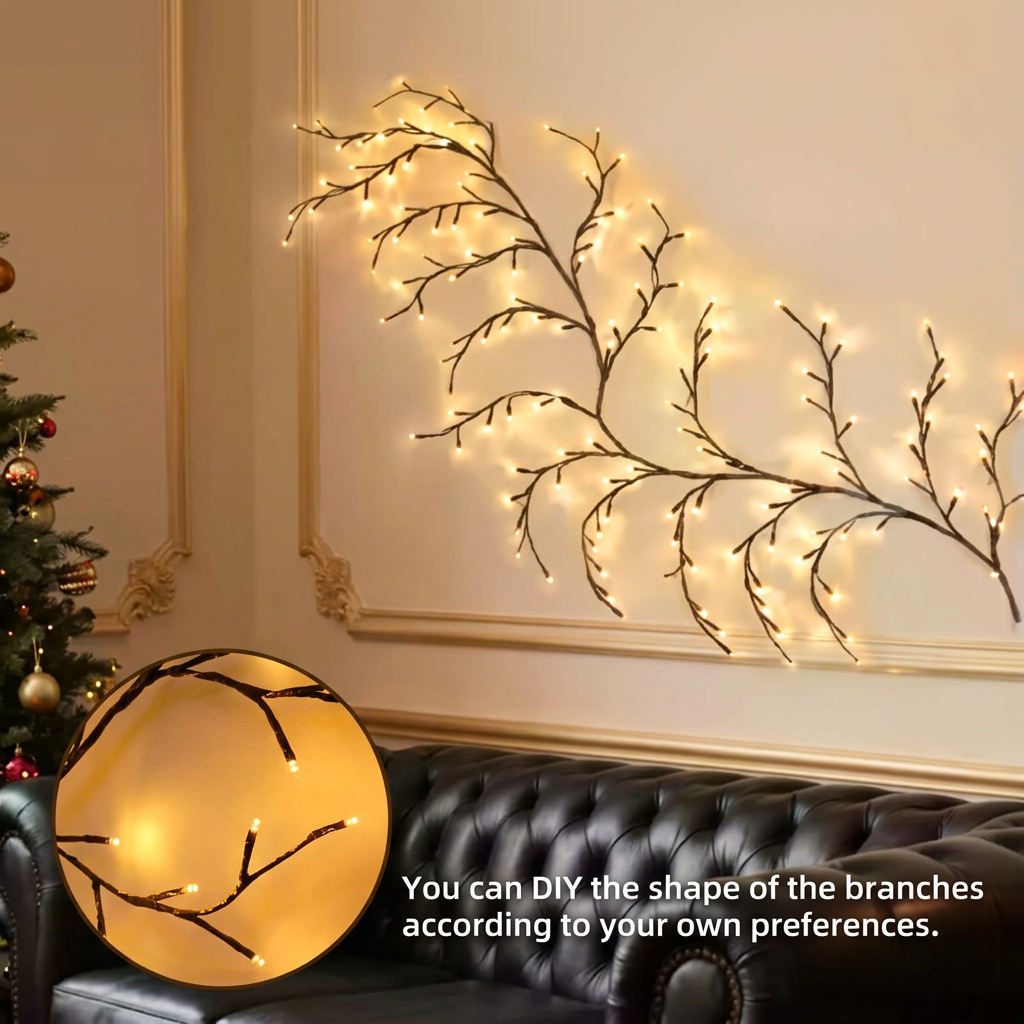 Willow vine fairy lights branching across a living room wall above a sofa