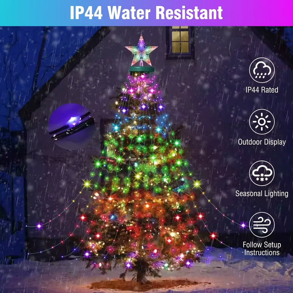 IP44 water-resistant RGB Christmas tree lights for indoor and outdoor use