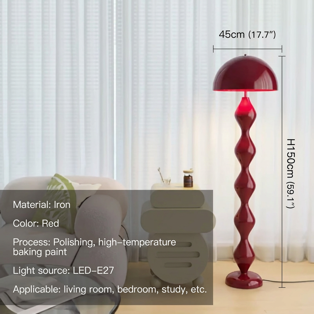 Red Nordic mushroom LED floor lamp with dome shade