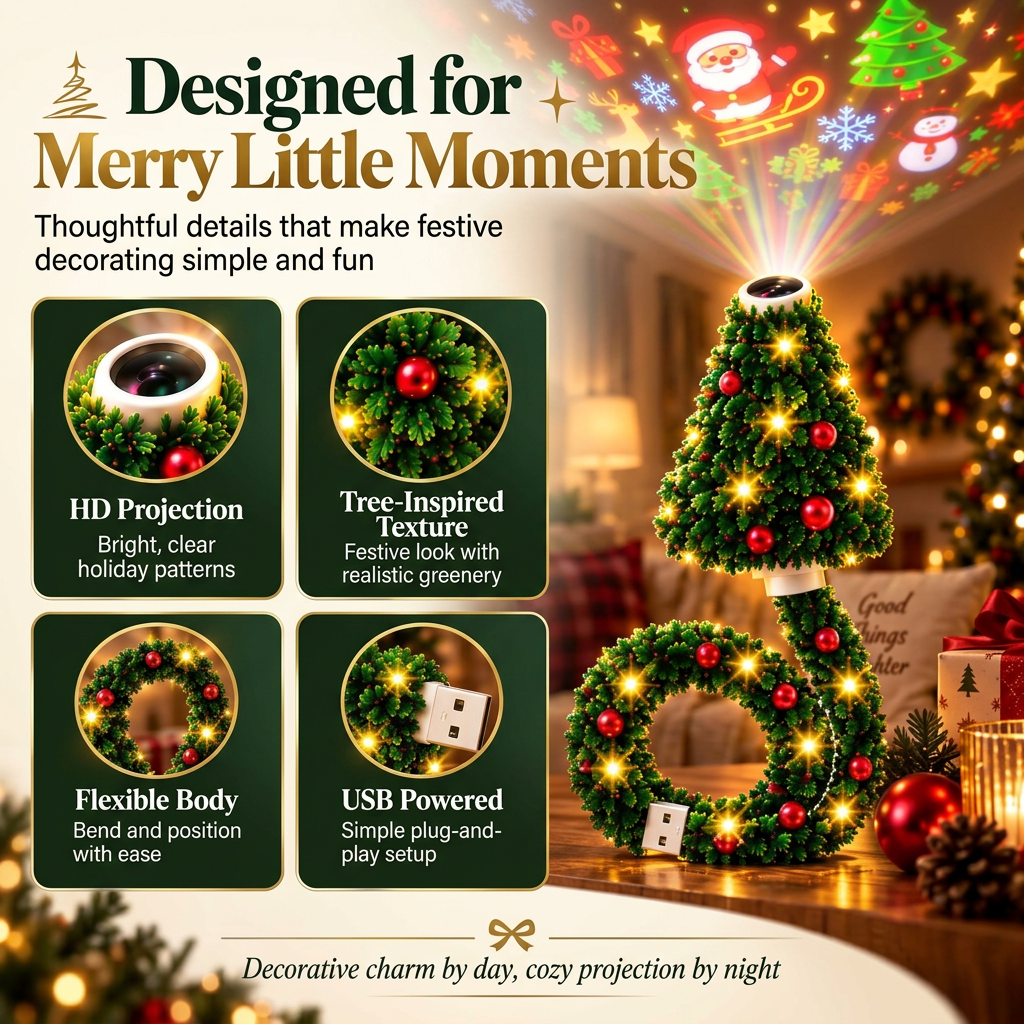 Christmas projector features: HD projection, tree-inspired texture, flexible body, USB powered