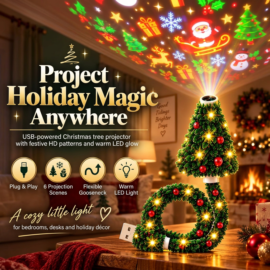 Christmas tree projector projecting Santa, reindeer and snowflakes onto a living room ceiling