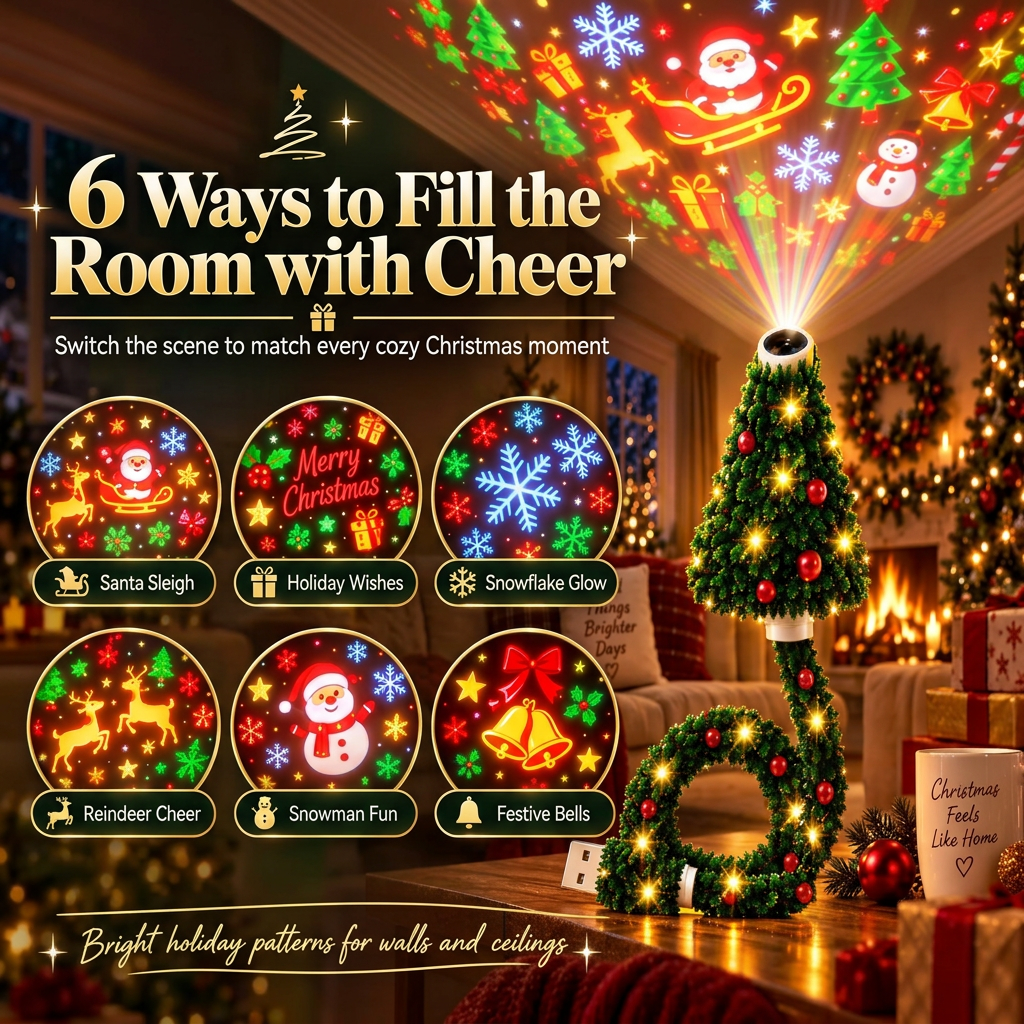 Six holiday projection scenes: Santa Sleigh, Holiday Wishes, Snowflake Glow, Reindeer Cheer, Snowman Fun, Festive Bells
