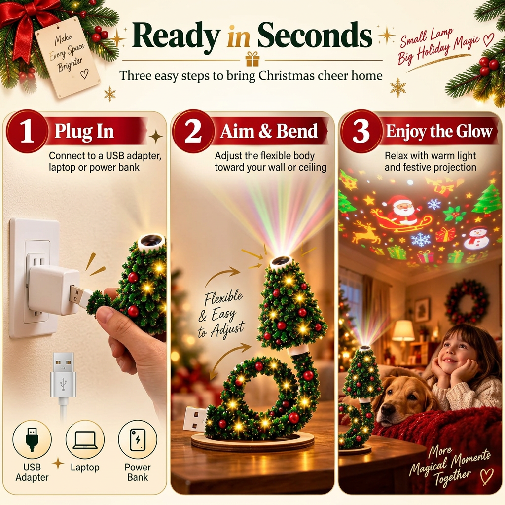Three-step setup: plug in, aim and bend, enjoy the festive glow