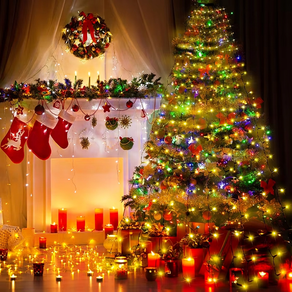 Multicolour waterfall Christmas tree lights beside a cosy fireplace