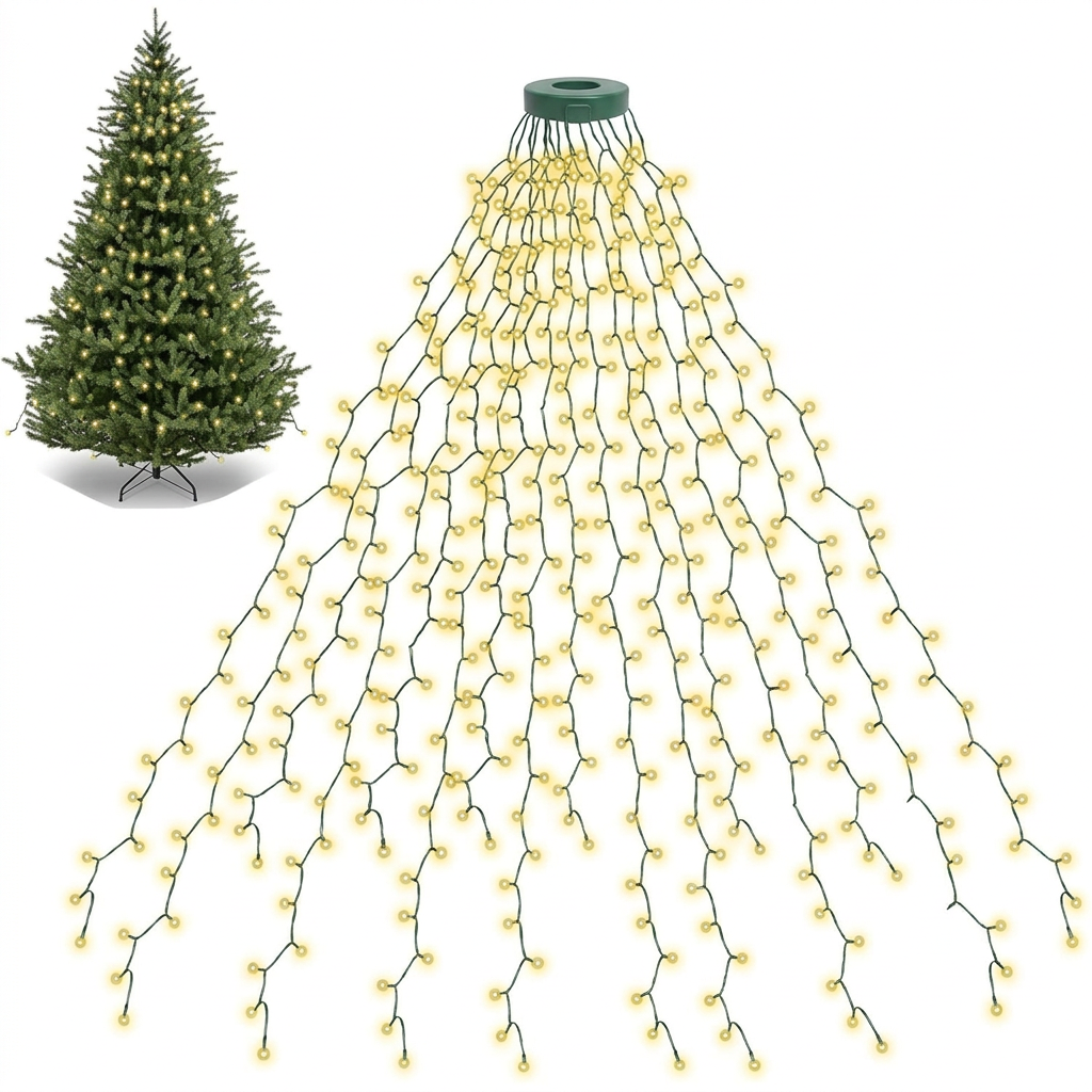 Warm white waterfall lights cascading down a Christmas tree