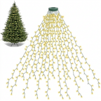 Warm white waterfall lights cascading down a Christmas tree