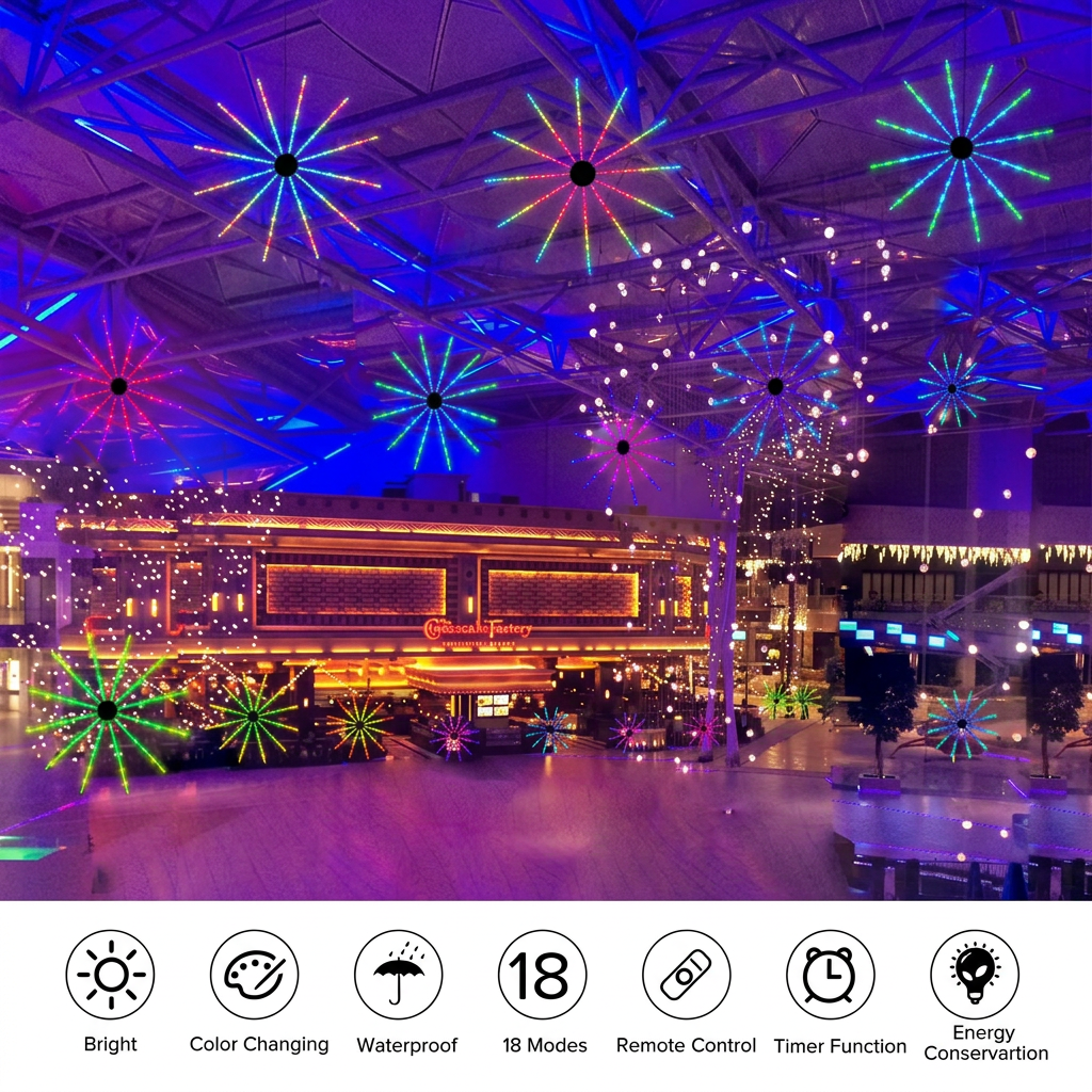 RGB firework lights features – 18 modes, IP65, USB 5V, remote control, timer