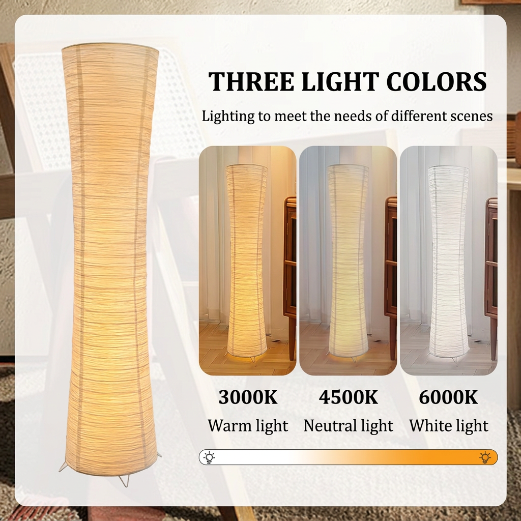 Rice paper floor lamp in three light colours: 3000K warm, 4500K neutral, 6000K cool white