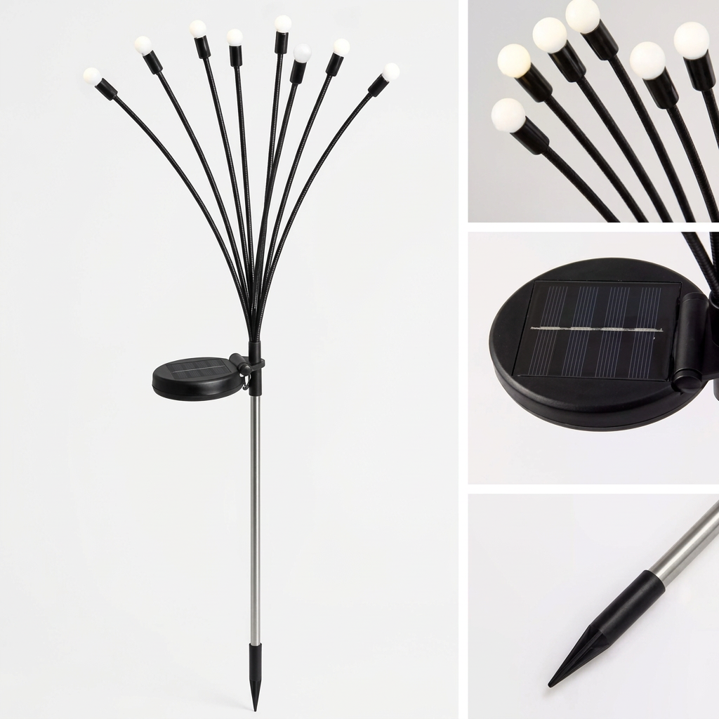 Single solar firefly stake light with solar panel and ground stake detail