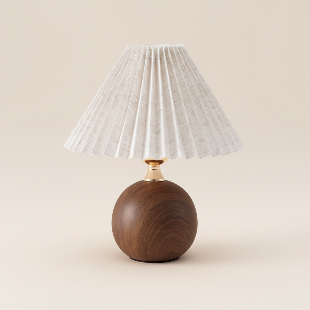 Cream pleated fabric table lamp with a walnut wood ball base