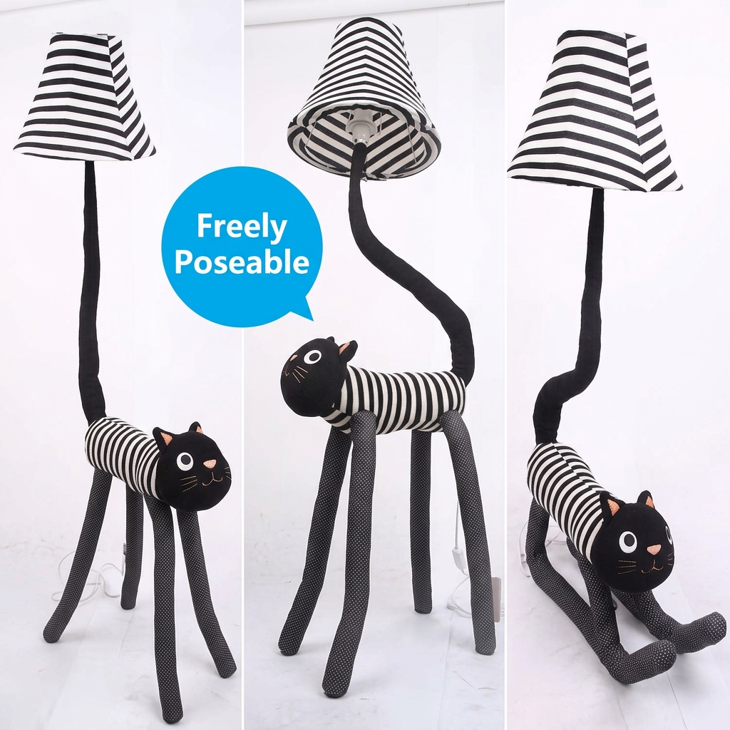Freely poseable cat lamp shown in three different poses