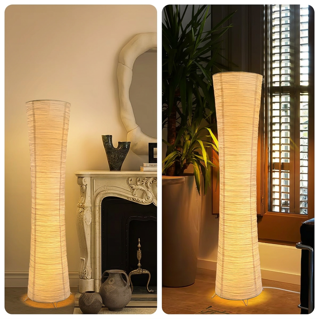 Two rooms showing the 107cm rice paper floor lamp lit warm beside a fireplace and a window