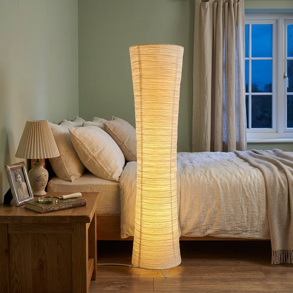 Tall rice paper floor lamp lit beside a bed in a cottage bedroom