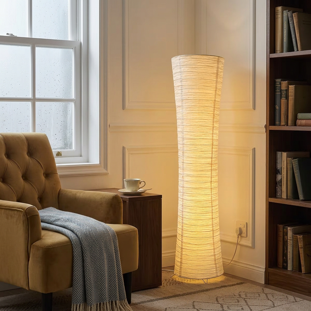 Rice paper column floor lamp lighting a reading nook with armchair and bookshelves