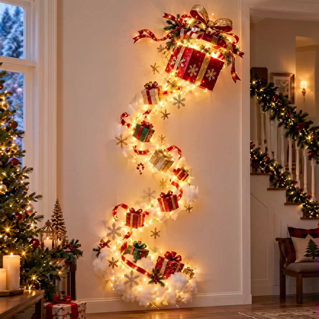 Christmas Magic Trail LED wall decoration, Style A Gift Boxes, glowing on a living room wall