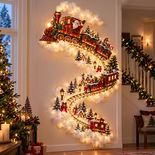 Christmas Magic Trail LED wall decoration, Style B Christmas Train, glowing on a wall