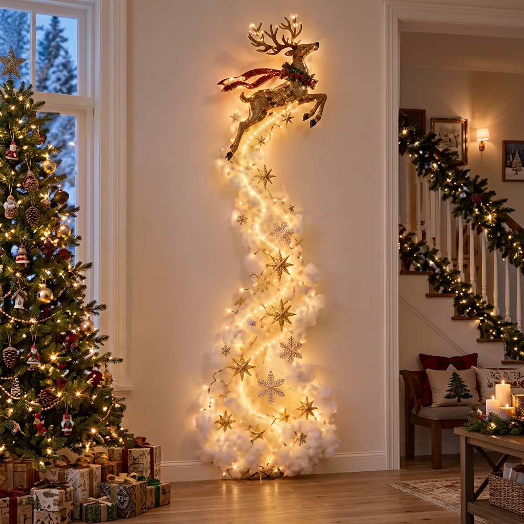 Christmas Magic Trail LED wall decoration, Style C Golden Reindeer, beside a Christmas tree