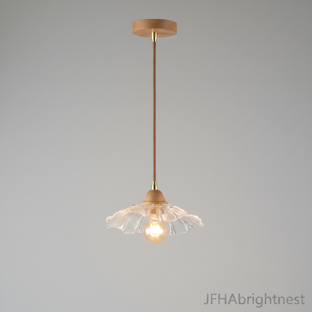 Natural wood 1-light flower pendant light with clear glass flower shade