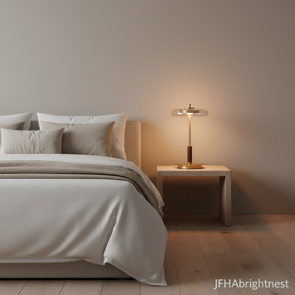 Nesta table lamp lit on a bedside table next to a made bed