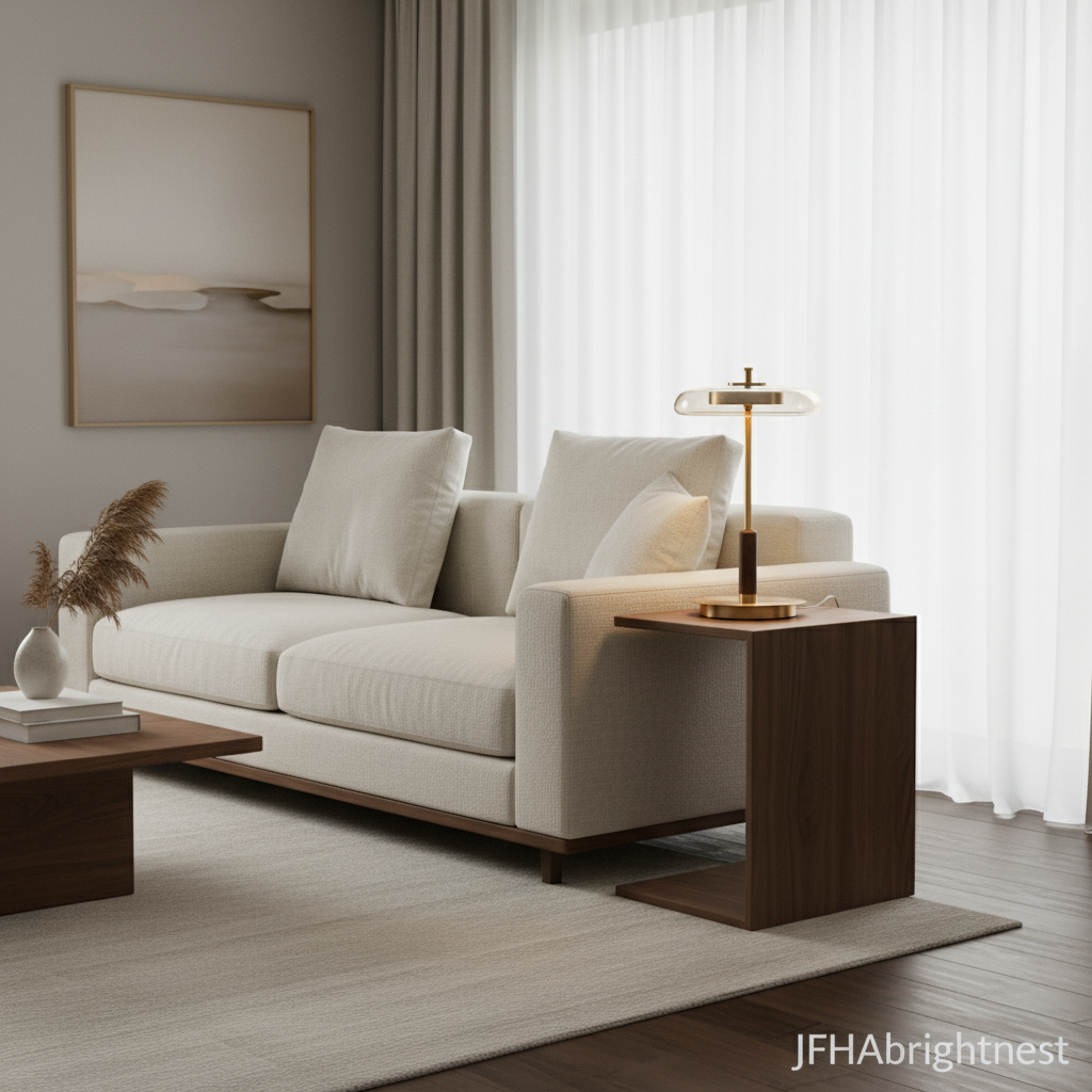 Nesta table lamp on a side table beside a cream sofa