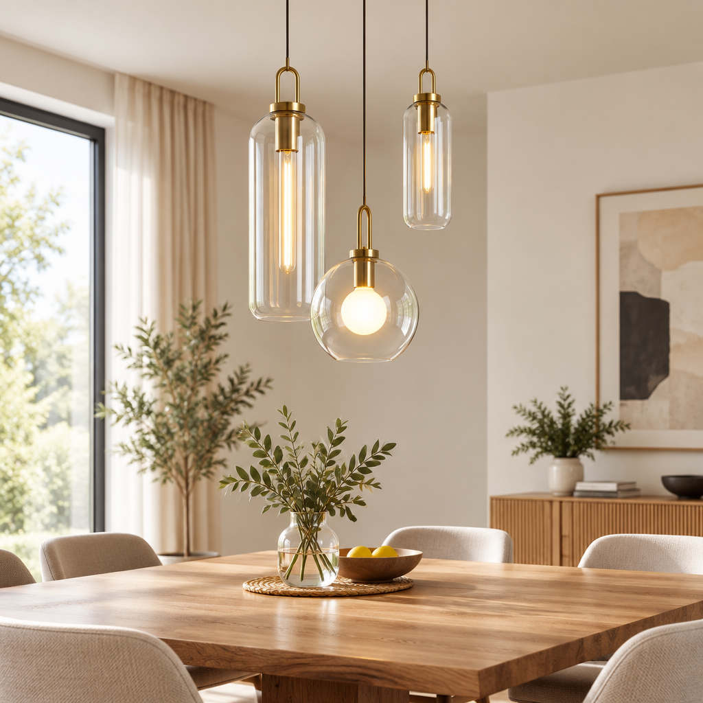 Clear glass globe and tube pendant lights over a wooden dining table
