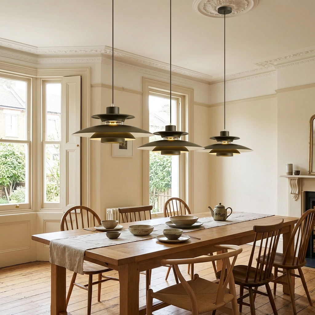 Three dark pendant lights above an oak dining table in a British terrace home