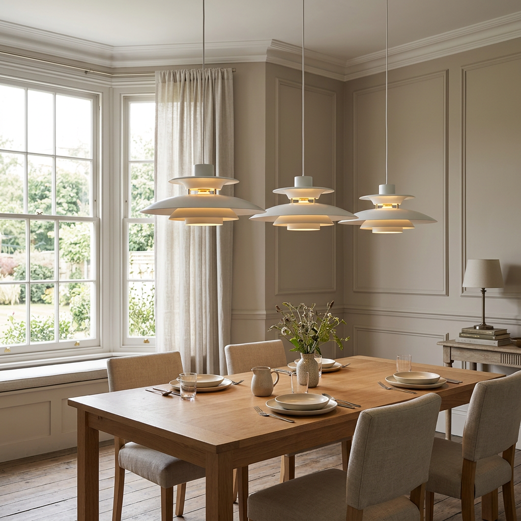 Three white pendant lights above an oak dining table in a British home