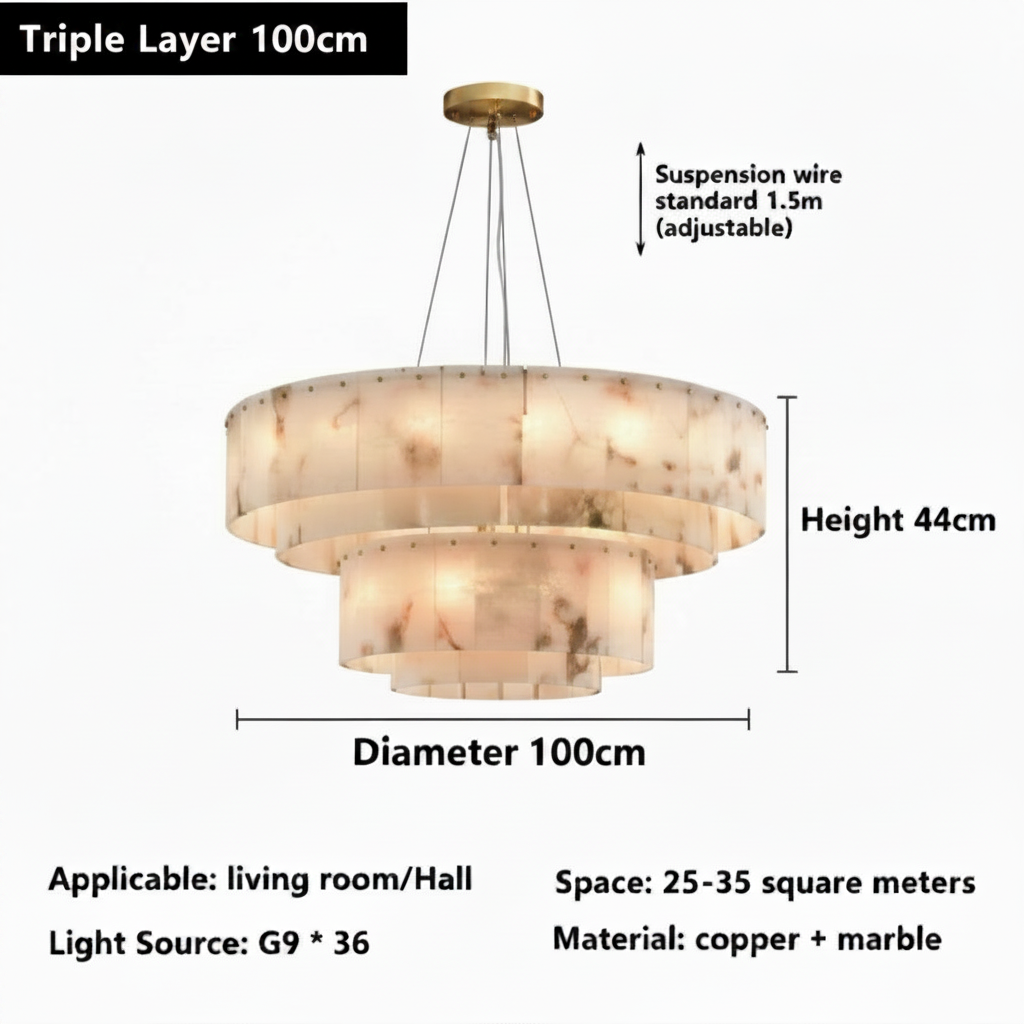 Triple layer round alabaster marble chandelier, 100cm diameter and 44cm high, G9 x36, brass and marble