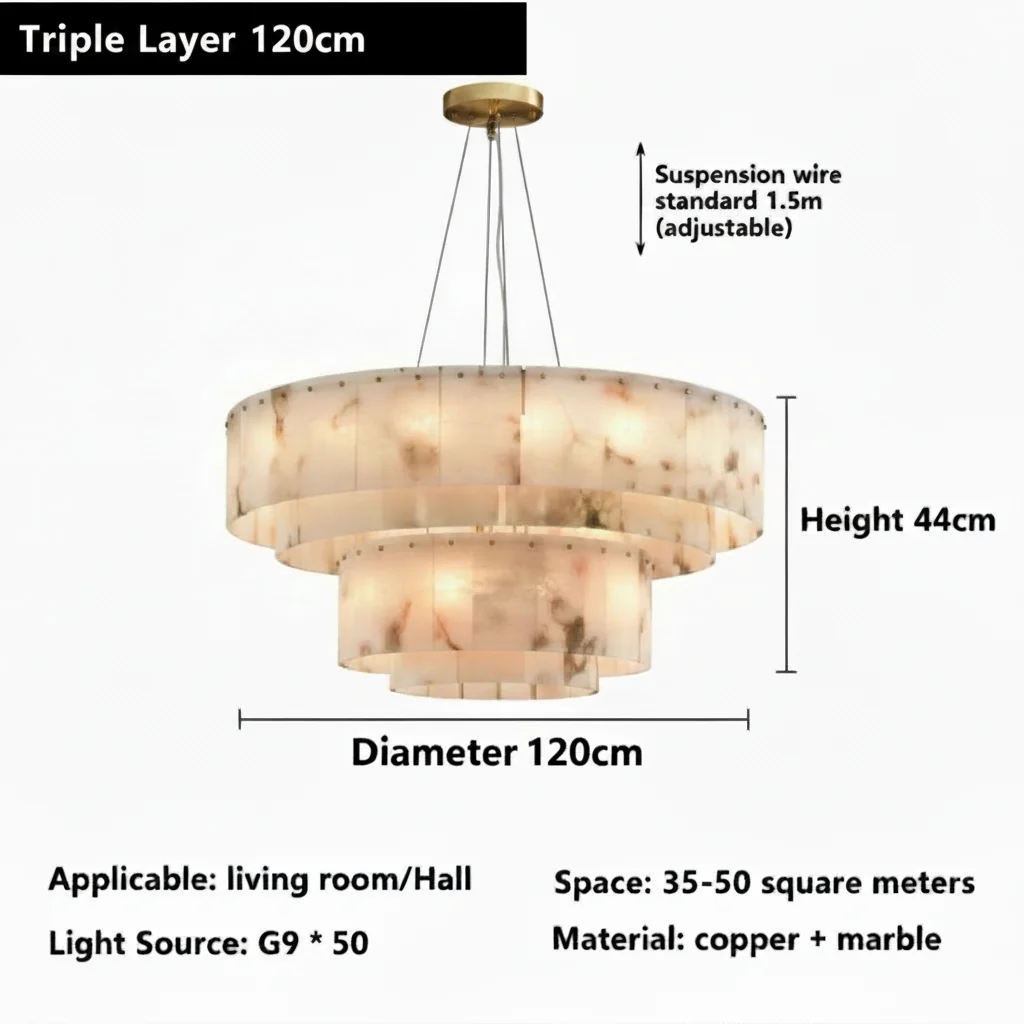 Triple layer round alabaster marble chandelier, 120cm diameter and 44cm high, G9 x50, brass and marble