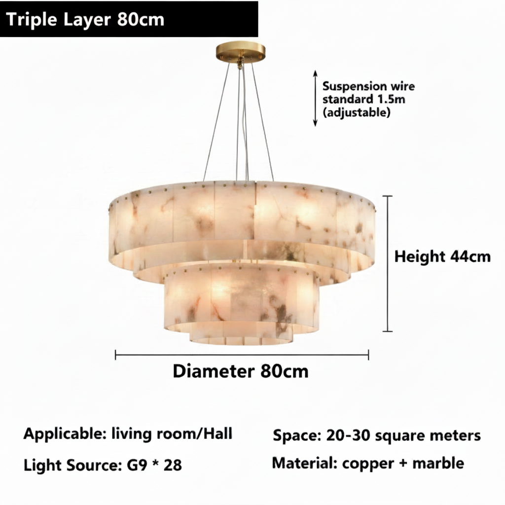 Triple layer round alabaster marble chandelier, 80cm diameter and 44cm high, G9 x28, brass and marble