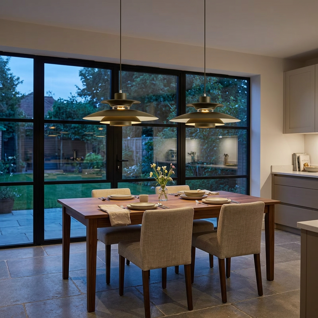 Two dark pendant lights above a walnut dining table in a modern UK home