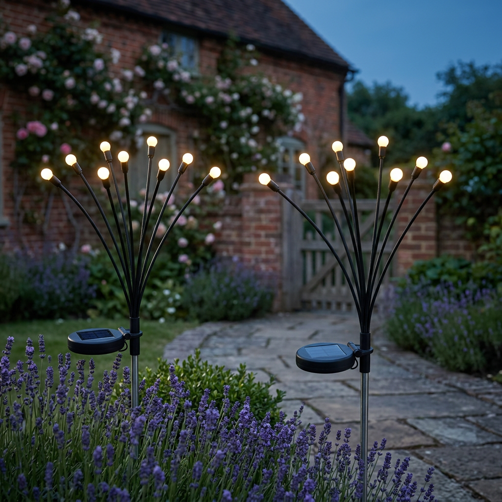 2 pack solar firefly lights in a UK cottage garden