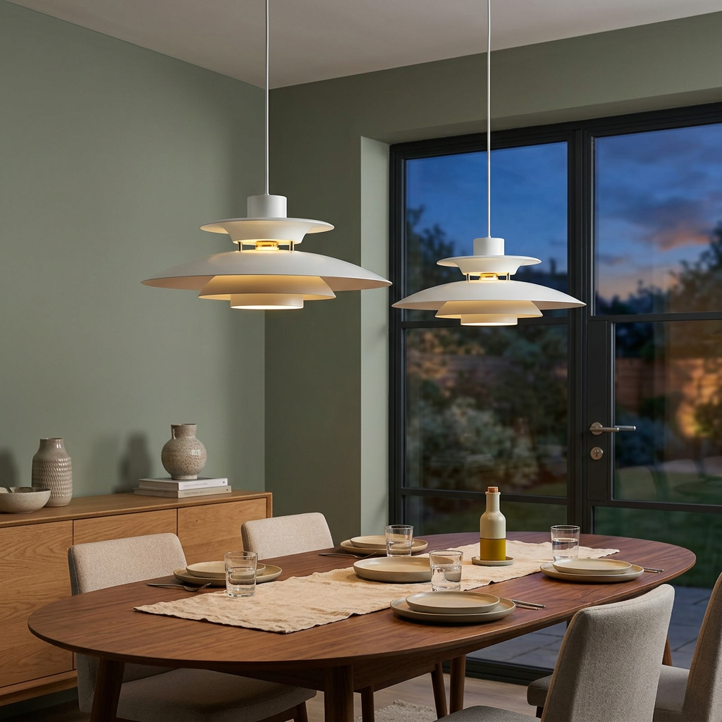 Two white pendant lights above an oval dining table in a modern UK home