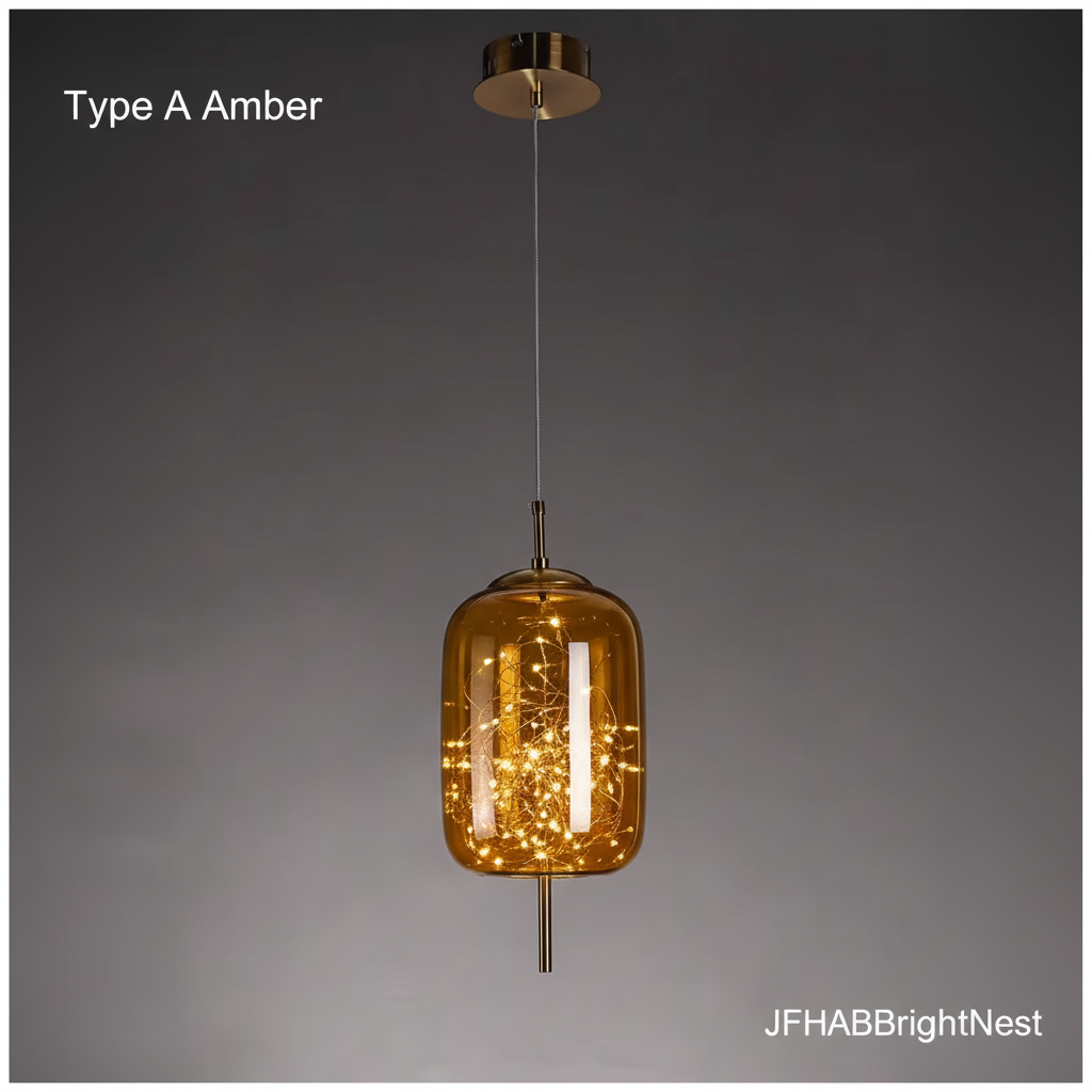 Type A capsule art glass pendant light in amber on a slim hanging wire