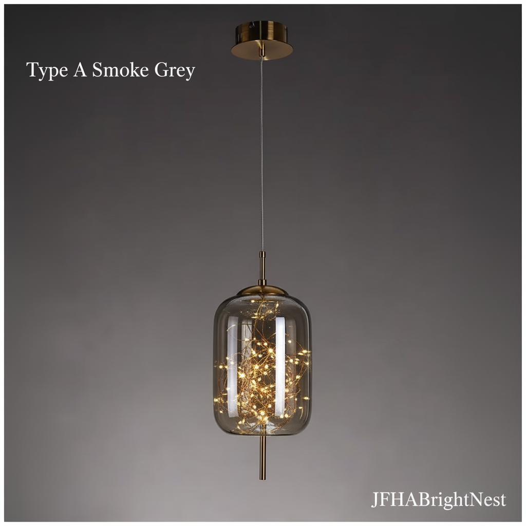 Type A capsule art glass pendant light in smoke grey on a slim hanging wire