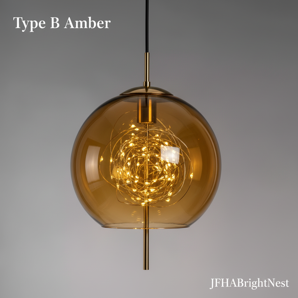 Type B globe art glass pendant light in amber with gold-tone stem and warm starry LED glow