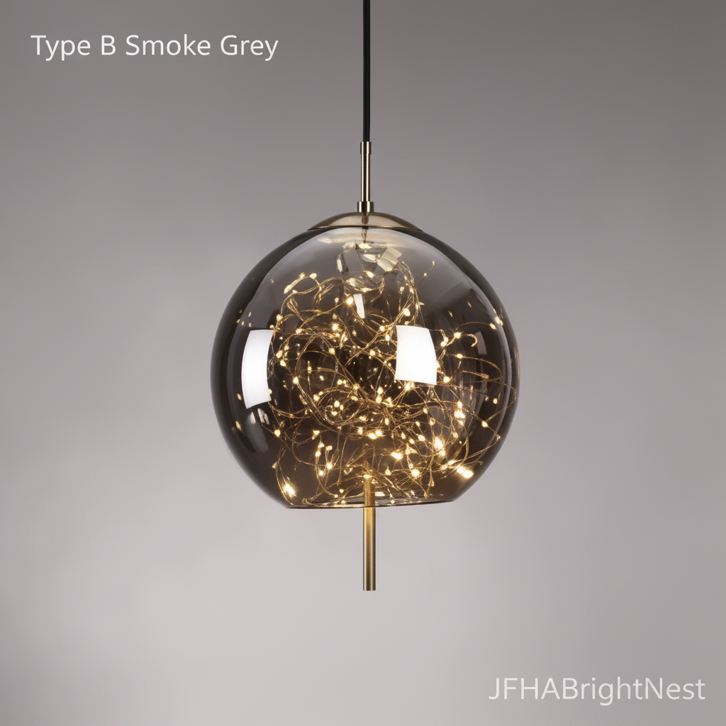Type B globe art glass pendant light in smoke grey with glowing gold LED wire inside