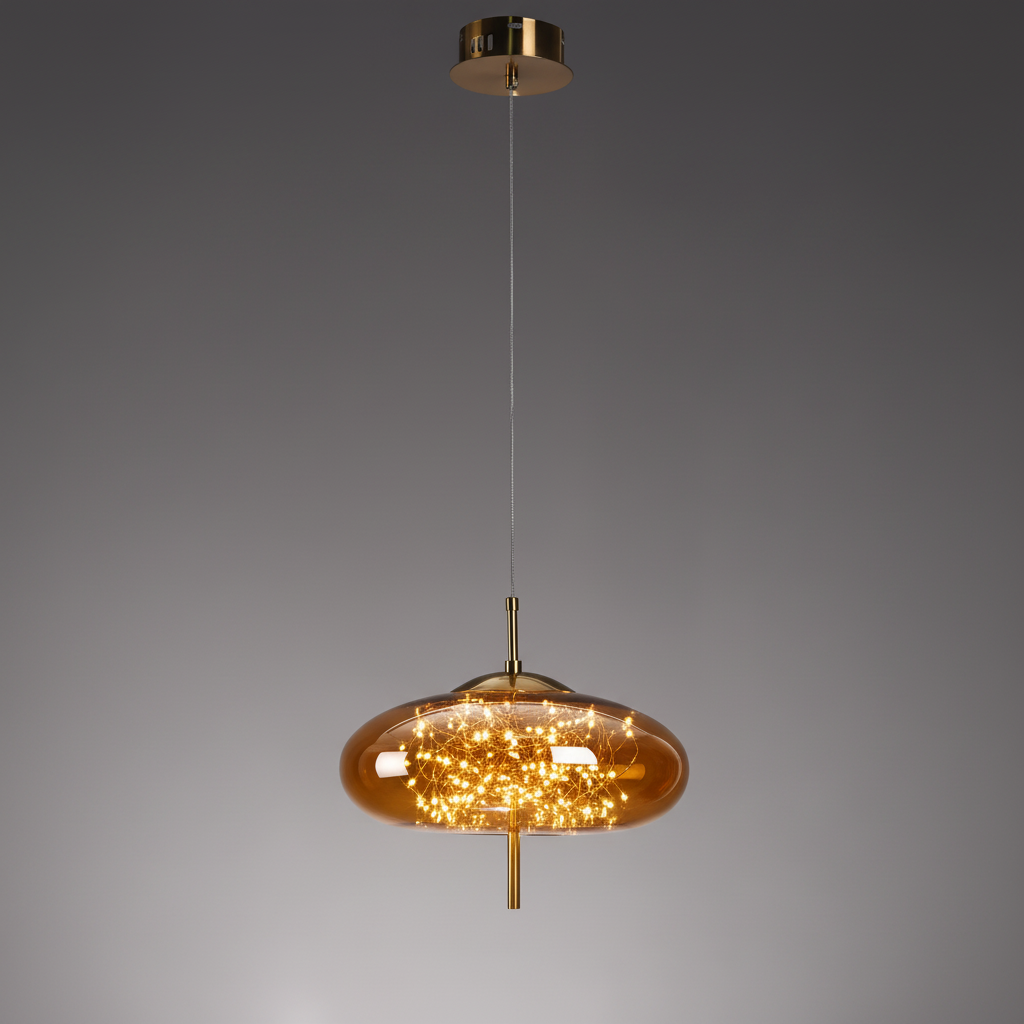 Type C low disc art glass pendant light in amber with gold-tone ceiling plate
