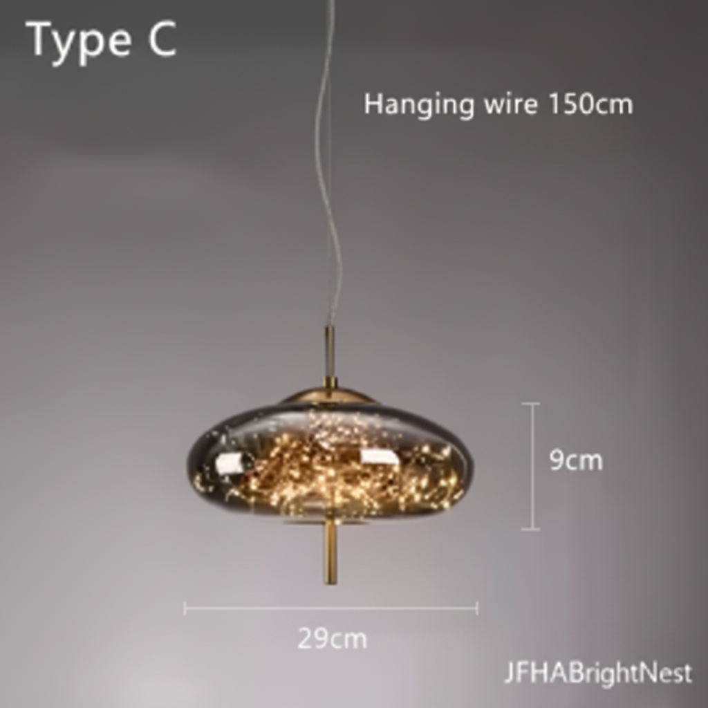 Type C disc pendant dimensions: 29cm wide, 9cm high, 150cm hanging wire