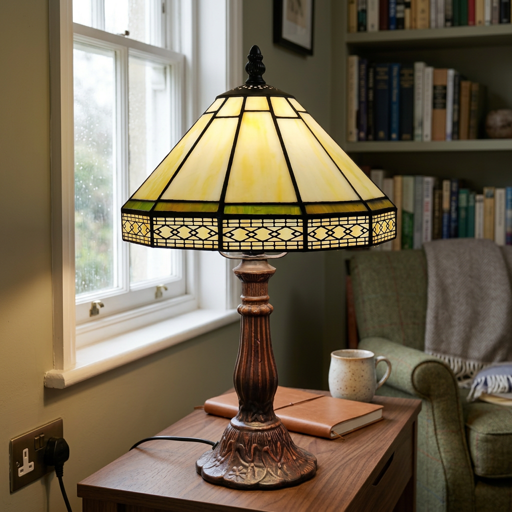 Cream geometric Tiffany lamp lit on a desk in a home study beside a window