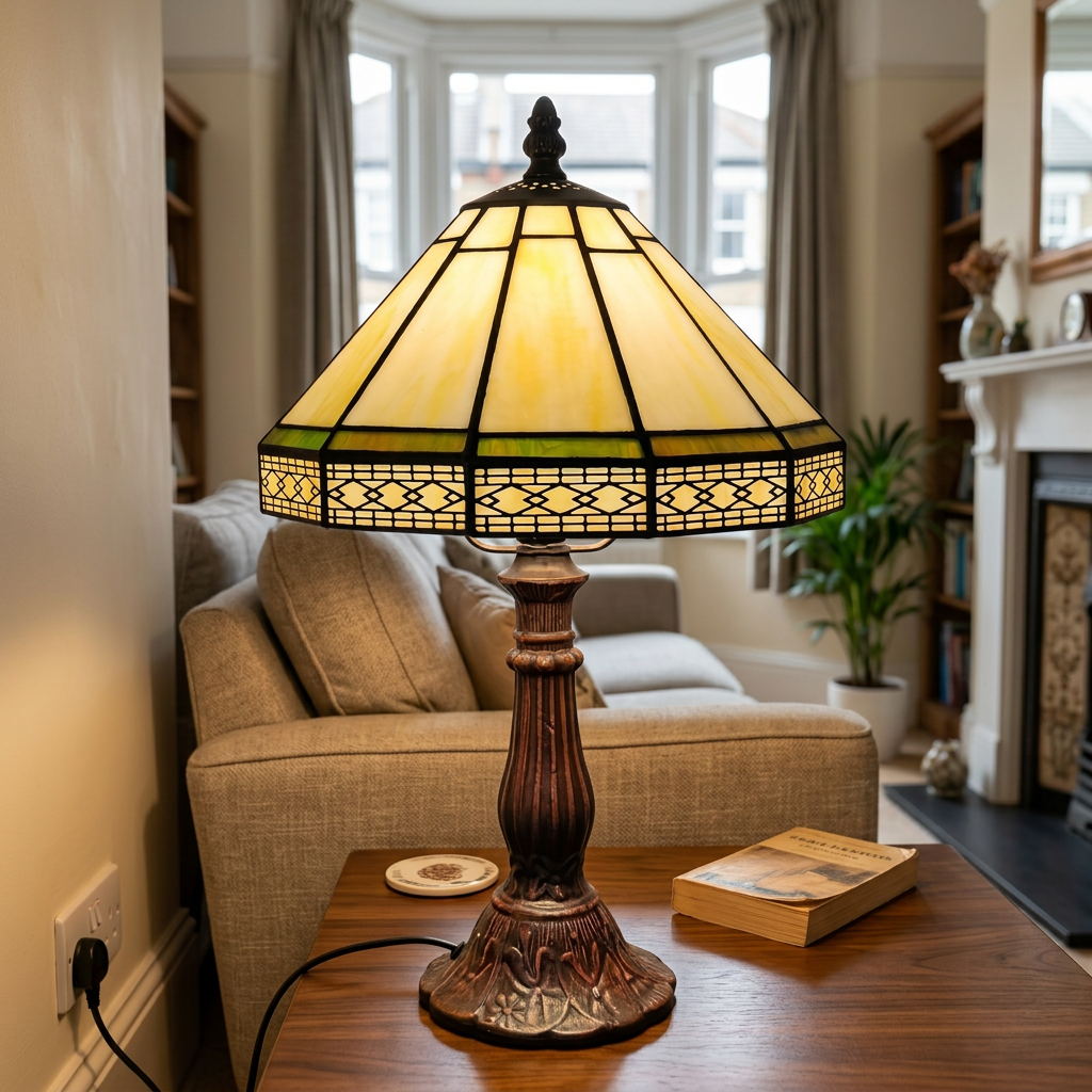 Geometric Tiffany table lamp with cream stained glass shade on a side table in a UK living room