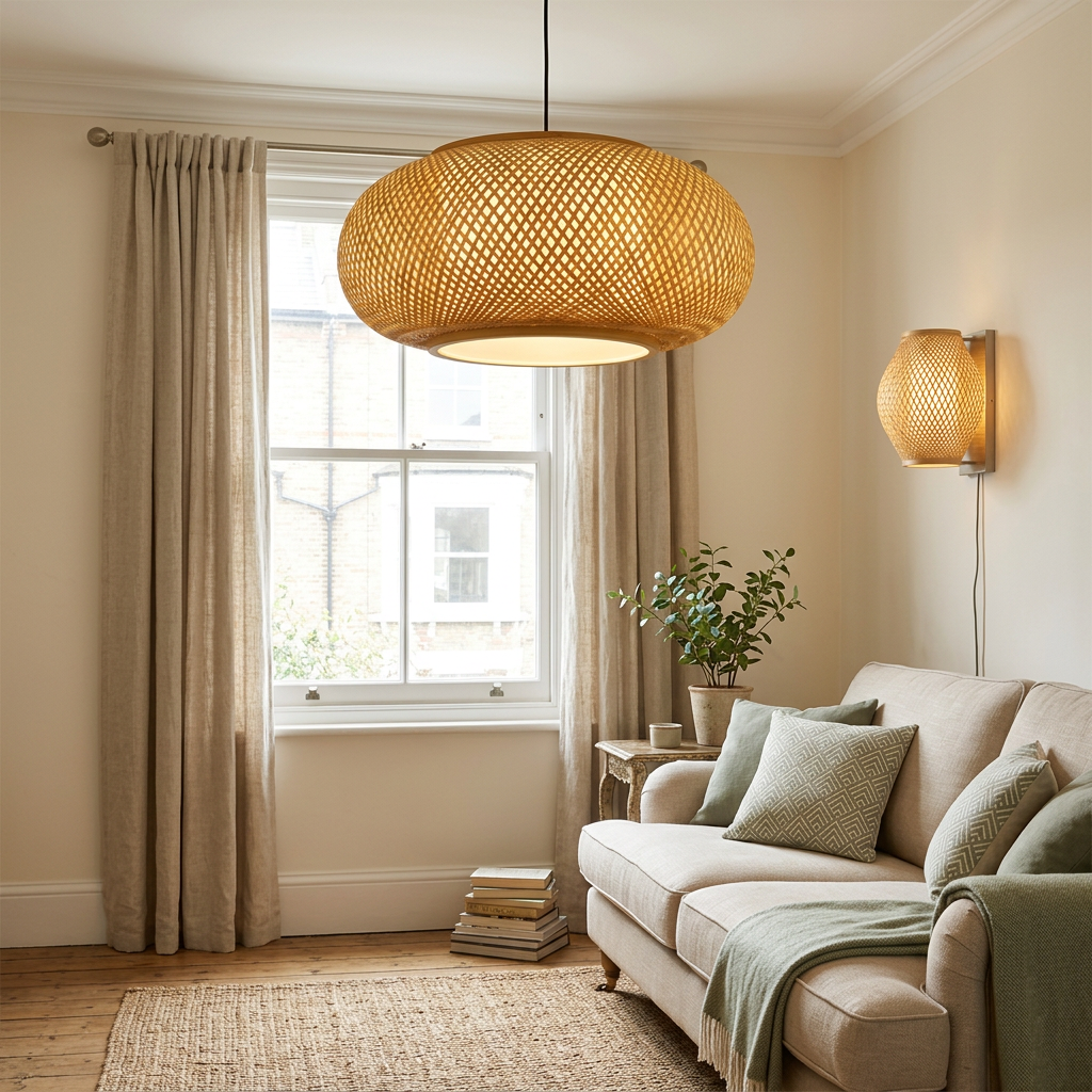 UK living room with bamboo pendant and coordinating bamboo wall light