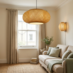 UK living room with bamboo pendant and coordinating bamboo wall light